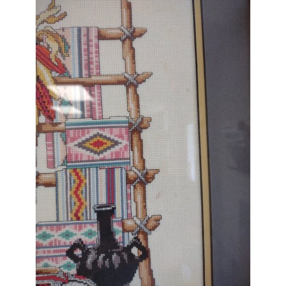 Vintage 1995 Completed Cross Stitch Native American Southwest Frame Wall Hanging - Picture 15 of 16
